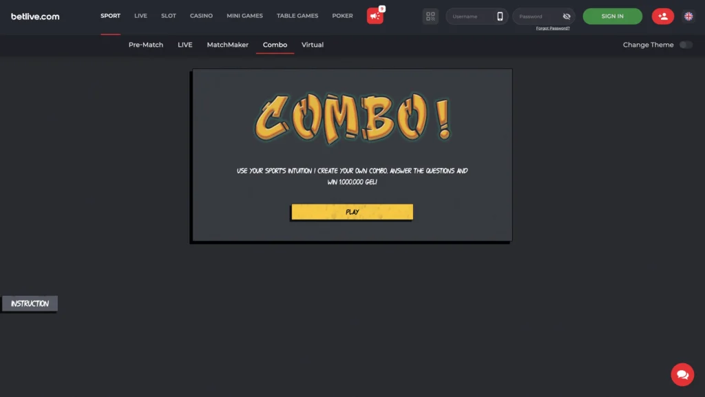 Betlive Combo section showing a promotional screen with the title ‘Combo!’, a short description inviting users to create their own sports combo and win prizes and a yellow ‘Play’ button.