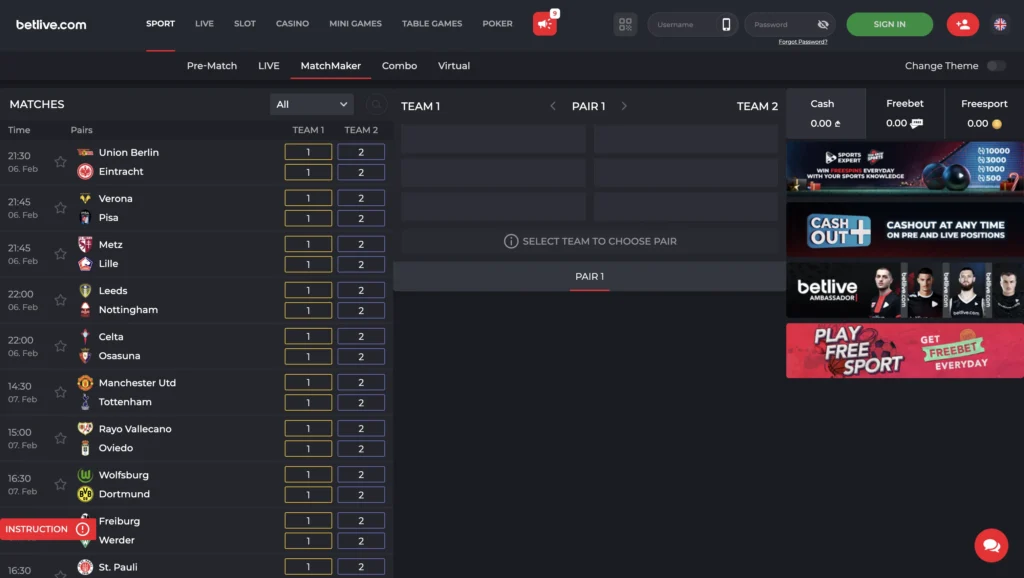 Betlive MatchMaker betting interface showing a list of upcoming matches, with options to select Team 1 or Team 2 for each match, build a custom pair and view account balance and promotional banners.