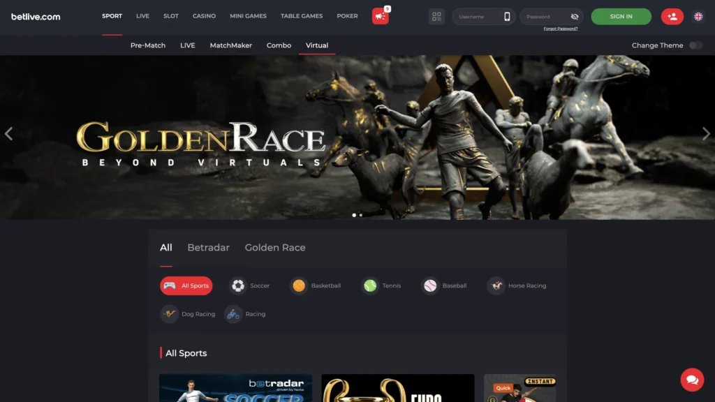Betlive Virtual section featuring a ‘Golden Race: Beyond Virtuals’ banner, with animated sports figures, navigation tabs for virtual sports categories and filters for different sports.